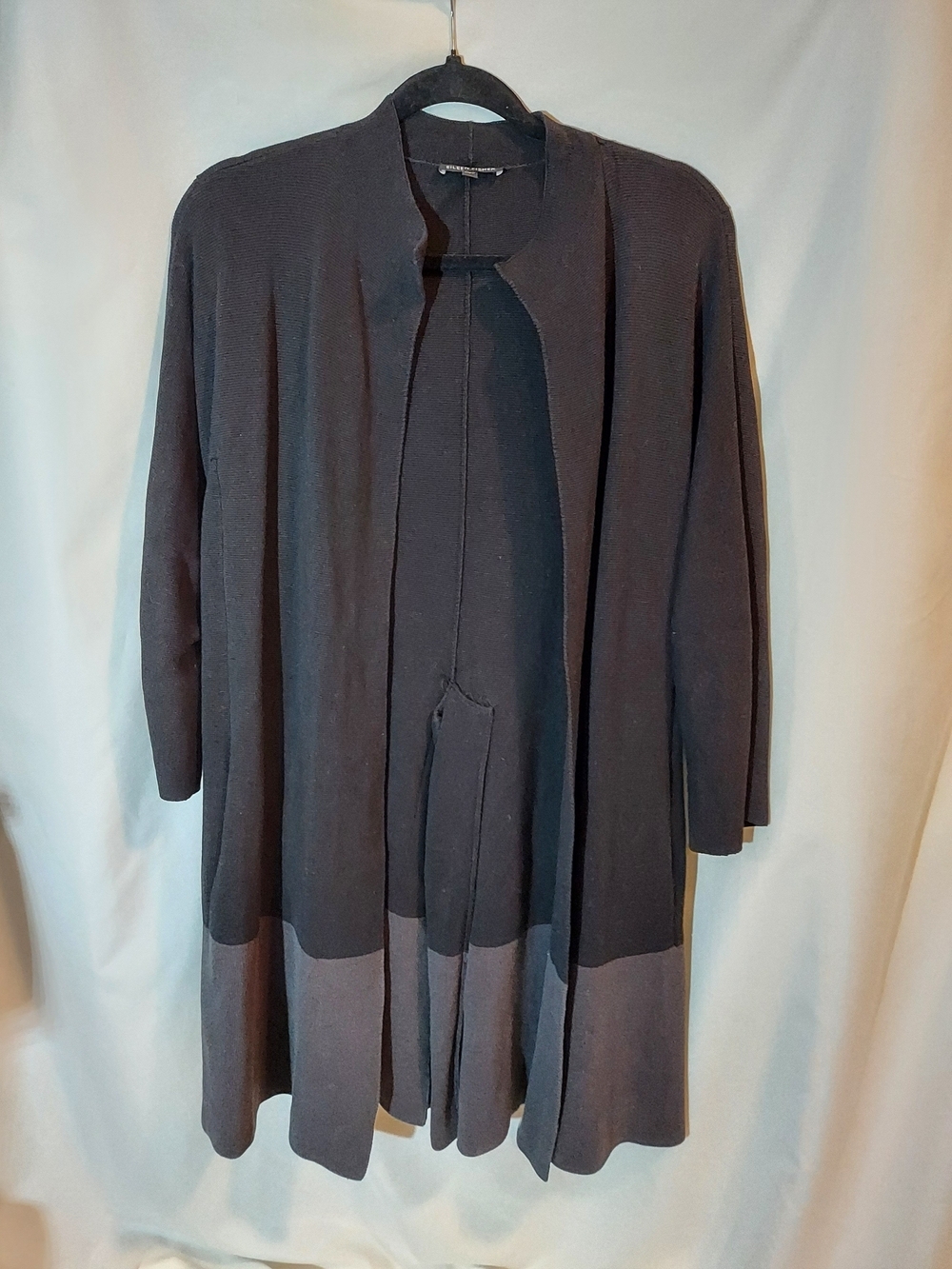 Eileen Fisher Colorblock Long Kimono Cardigan Silk Blend Gray Black